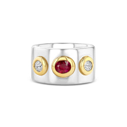 14K White and Yellow Gold Cigar Band With Bezel Set Ruby and Diamonds