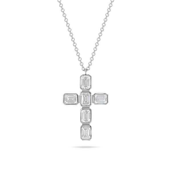 18K WHITE GOLD MICRO BEZEL SET CROSS NECKLACE